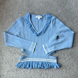 Jonathan Simkhai | Ruffle Cut-Out Long Sleeve Top | Small | Baby Blue & White